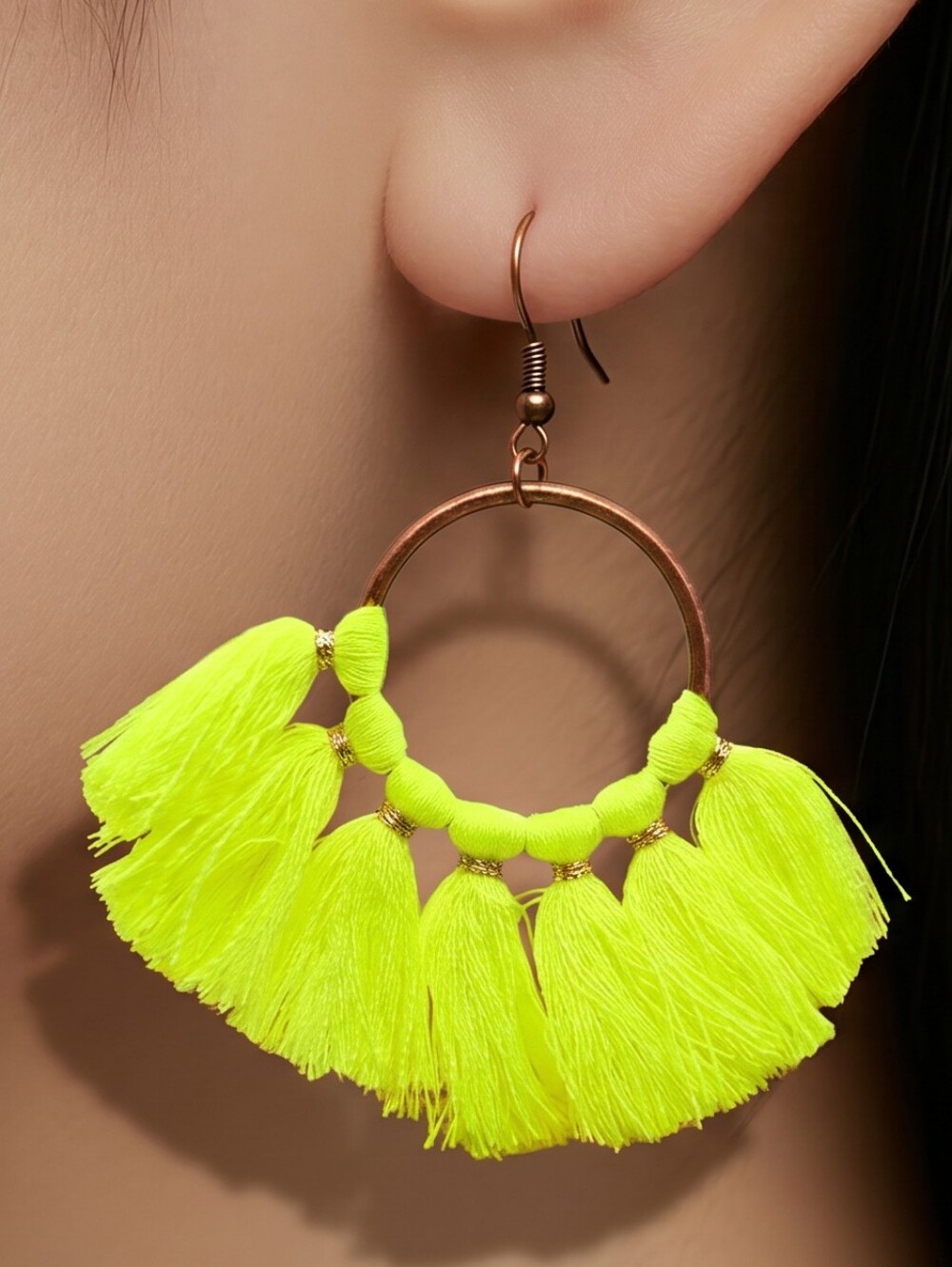 Neon Yellow Fringe Hoop Earrings Festival Statement Dangle Jewelry